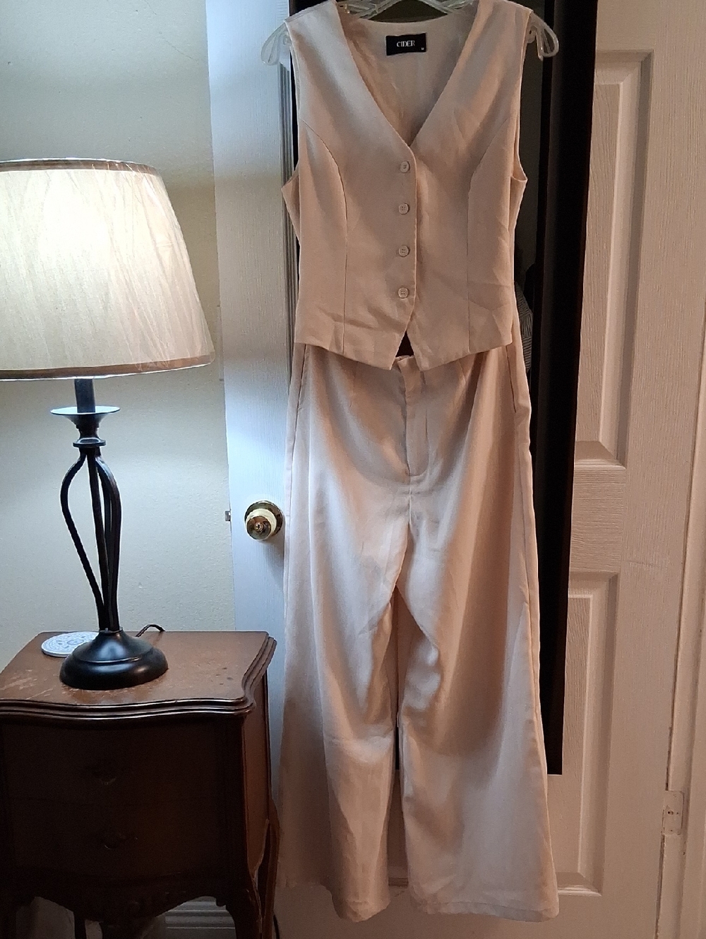 Cider Beige Two-Piece Vest & Wide-Leg Pants Set